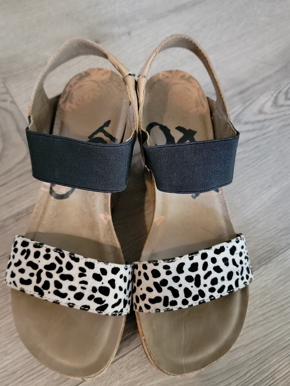 OTBT Black & White Leopard Print Slingback Sandals with Tan Footbed Size 7M